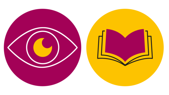 Two Sightsavers icons: one is an eve in a magenta circle, the other is a book in a yellow circle.