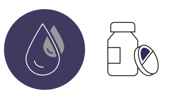 Two Sightsavers icons: one is a drop of water on a dark purple circle, the other is a medicine bottle on a plain background.