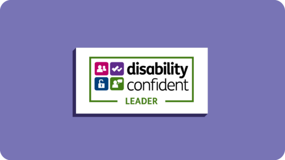 The Disability Confident leader logo, featuring text and four small icons indicating people, ticks, a lock and someone thinking.