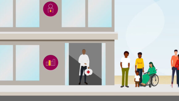 A still from Sightsavers' video about health systems strengthening, showing an illustration of a doctor standing in a hospital doorway with patients waiting outside.