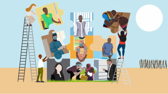 Illustration of 9 puzzle pieces being put together. Each puzzle piece represents a person.