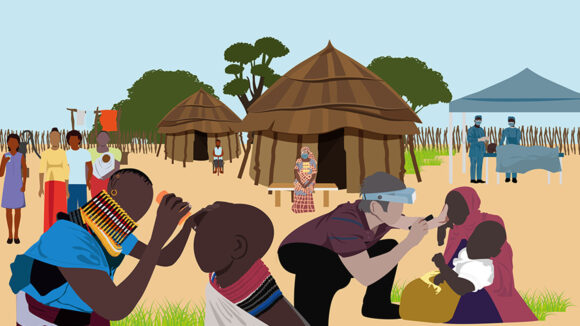 An illustration showing people in a remote village having their eyes checked for trachoma.