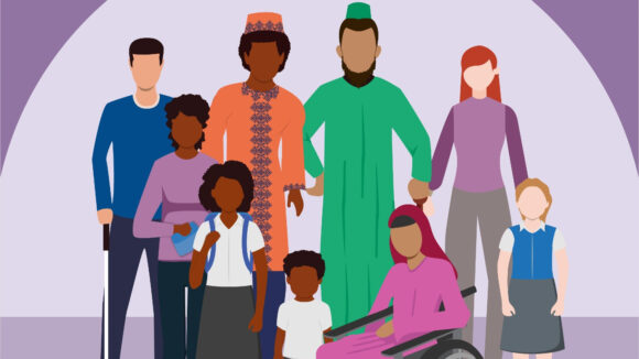 An illustration showing a group of people of different ethnicities, standing together. The people are pictured wearing brightly coloured clothes. One of the people in the group is a wheelchair user.