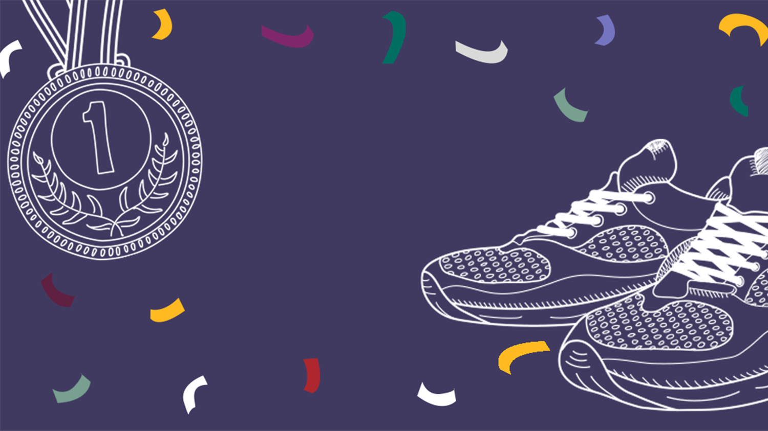 Illustrations of trainers, medal and confetti on a blue background