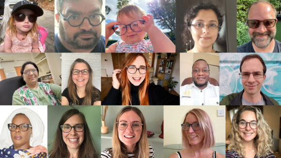 A collage of images featuring men, women and children wearing glasses.