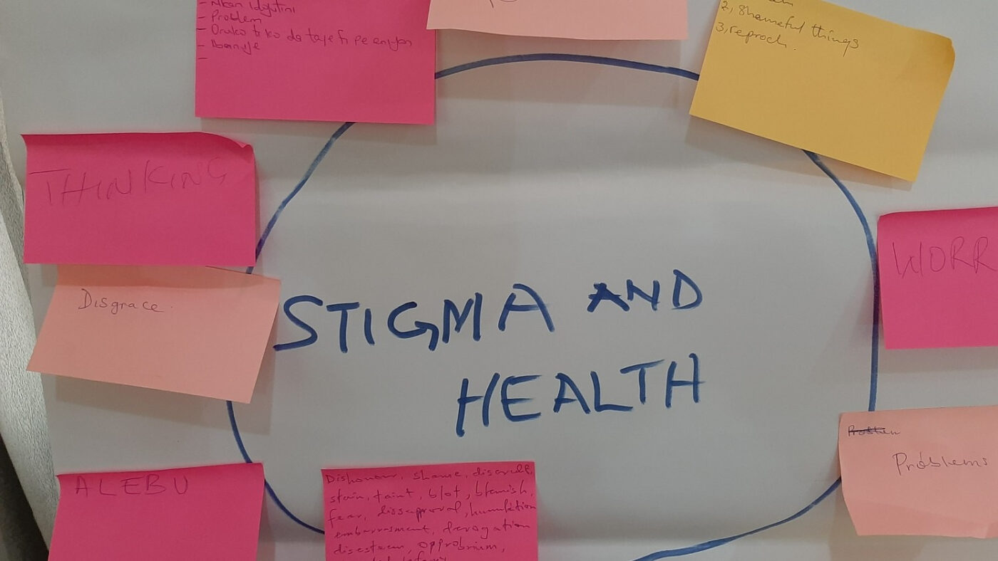 The image shows a whiteboard that is covered with sticky notes. In the middle of the whiteboard is written, 
