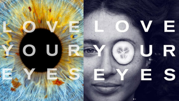 Two Instagram images, one featuring a sunflower and the other featuring a girl with cucumber on her eye, with the text Love Your Eyes.
