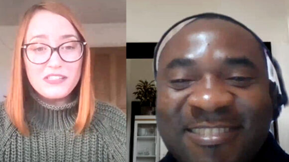 A screengrab from a video chat, showing Alyssa Marriner and Cosmas Ejong.
