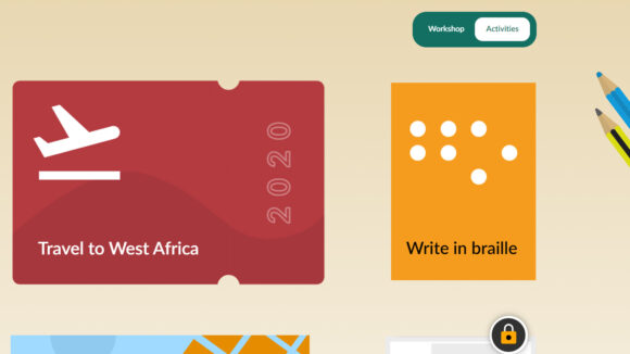 A screengrab from the Put Us in the Picture website, featuring coloured sections labelled 'Travel to west Africa' and 'Write in braille'.
