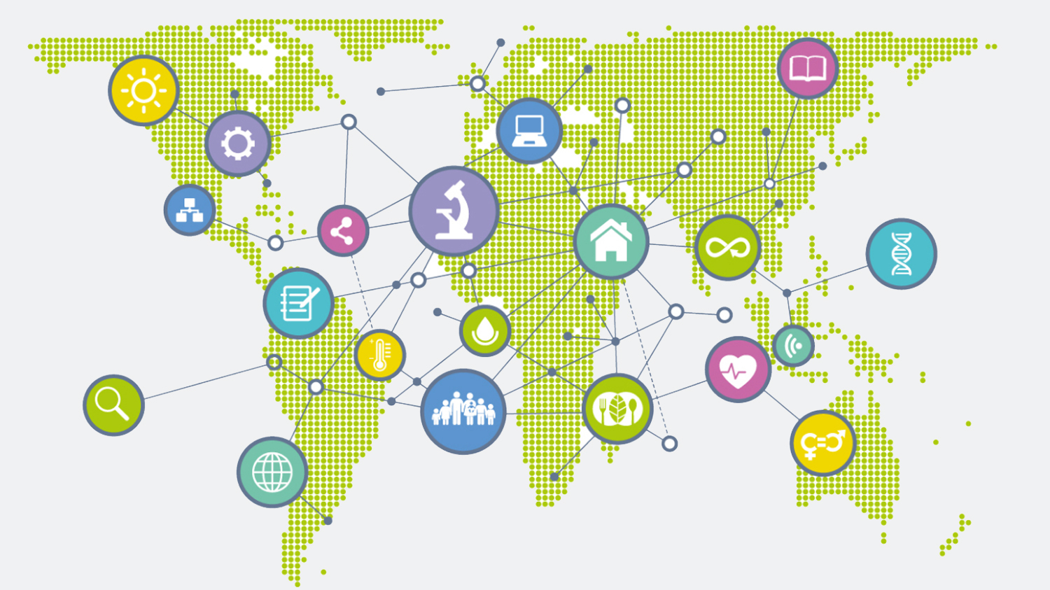 An illustration showing a map of the world with lots of interconnected logos.