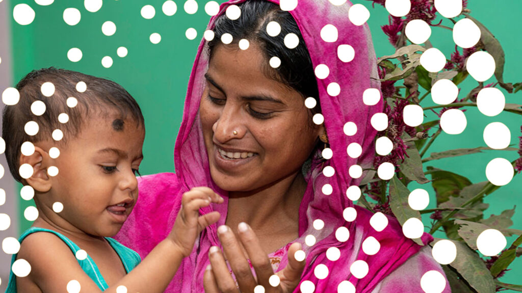 Shamima and her child Toha in Bangladesh. There's an illustrated ring of small dots surrounding their faces.