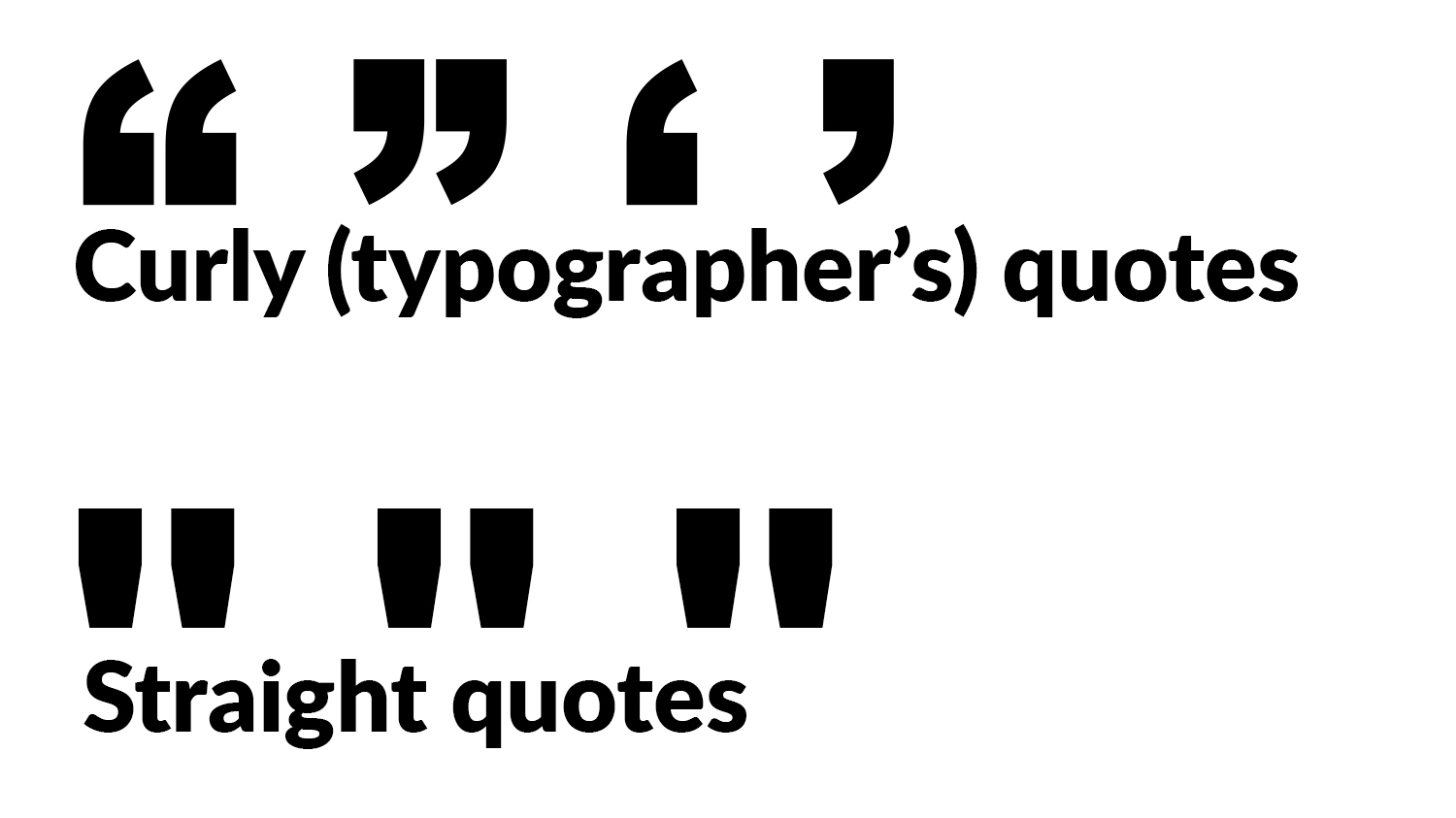 An example of curly typographer's quote marks, showing the rounded edges that illustrate the distinction between open and close quote marks. This compares to the straight quote marks, which all look the same.