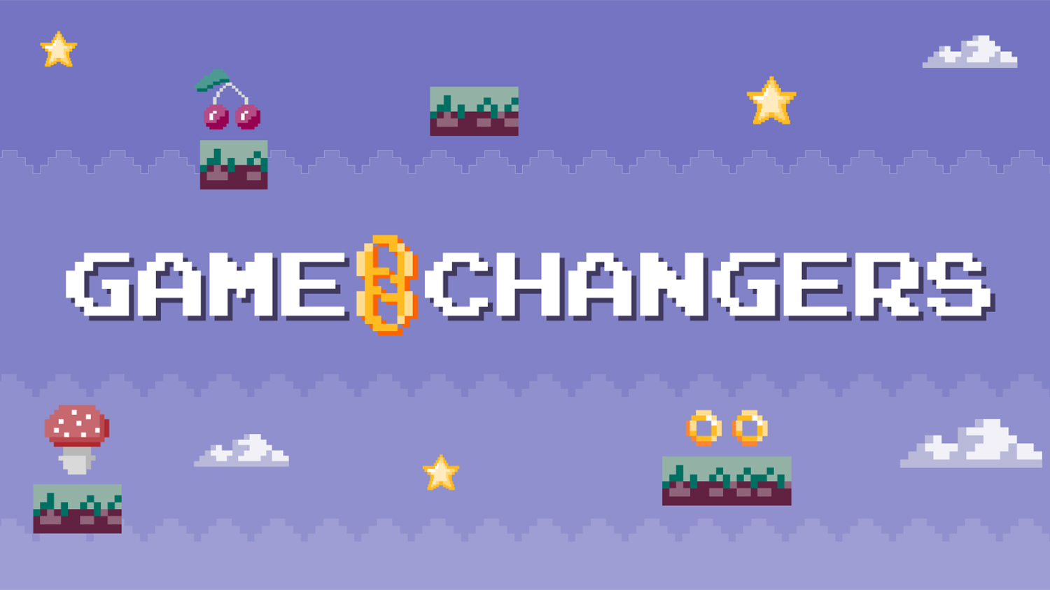 A colourful video game screen with the text 'Game Changers' in an 8 bit-style font. Scattered around the screen are tiny platforms containing icons from retro video games, including coins, mushrooms and cherries. There are stars and clouds in the background.