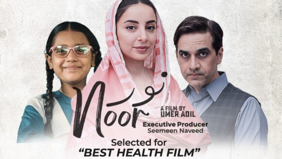 A poster for the film Noor showing the three main actors. The text reads: Selected for best health film.