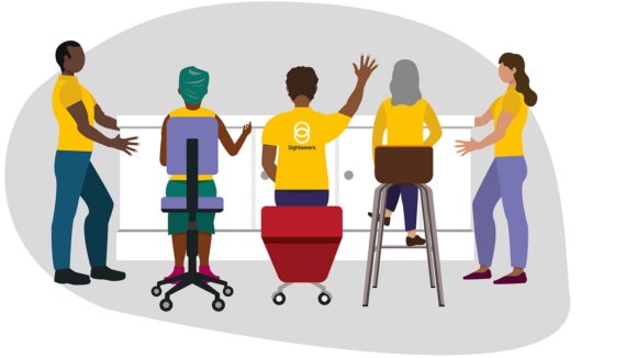 Illustration showing a group of people. Some are sitting on different stools, while others are standing.