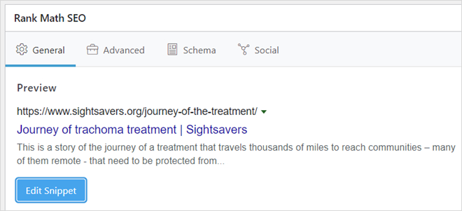 A screenshot of the Rank Math SEO tool in WordPress. Below the subheading 'General', there is a preview of the metadata for a page called 'Journey of trachoma treatment'. A button labelled 'Edit Snippet' is highlighted in blue.