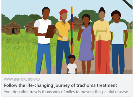 A screenshot of Facebook post preview Beneath an illustration of a group of people standing with a dose pole, used to measure trachoma medicine, there is the headline: 