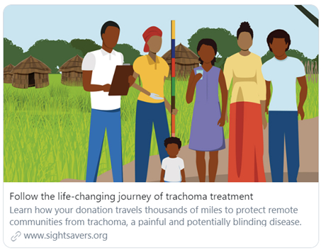A screenshot of tweet preview Beneath an illustration of a group of people standing with a dose pole, used to measure trachoma medicine, there is the headline: 