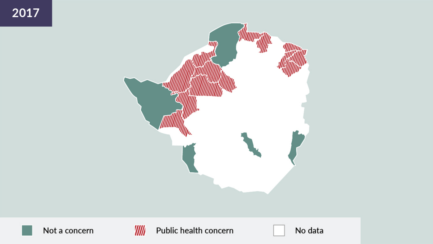 A map graphic of Zimbabwe representing trachoma prevalence for each district in 2017
