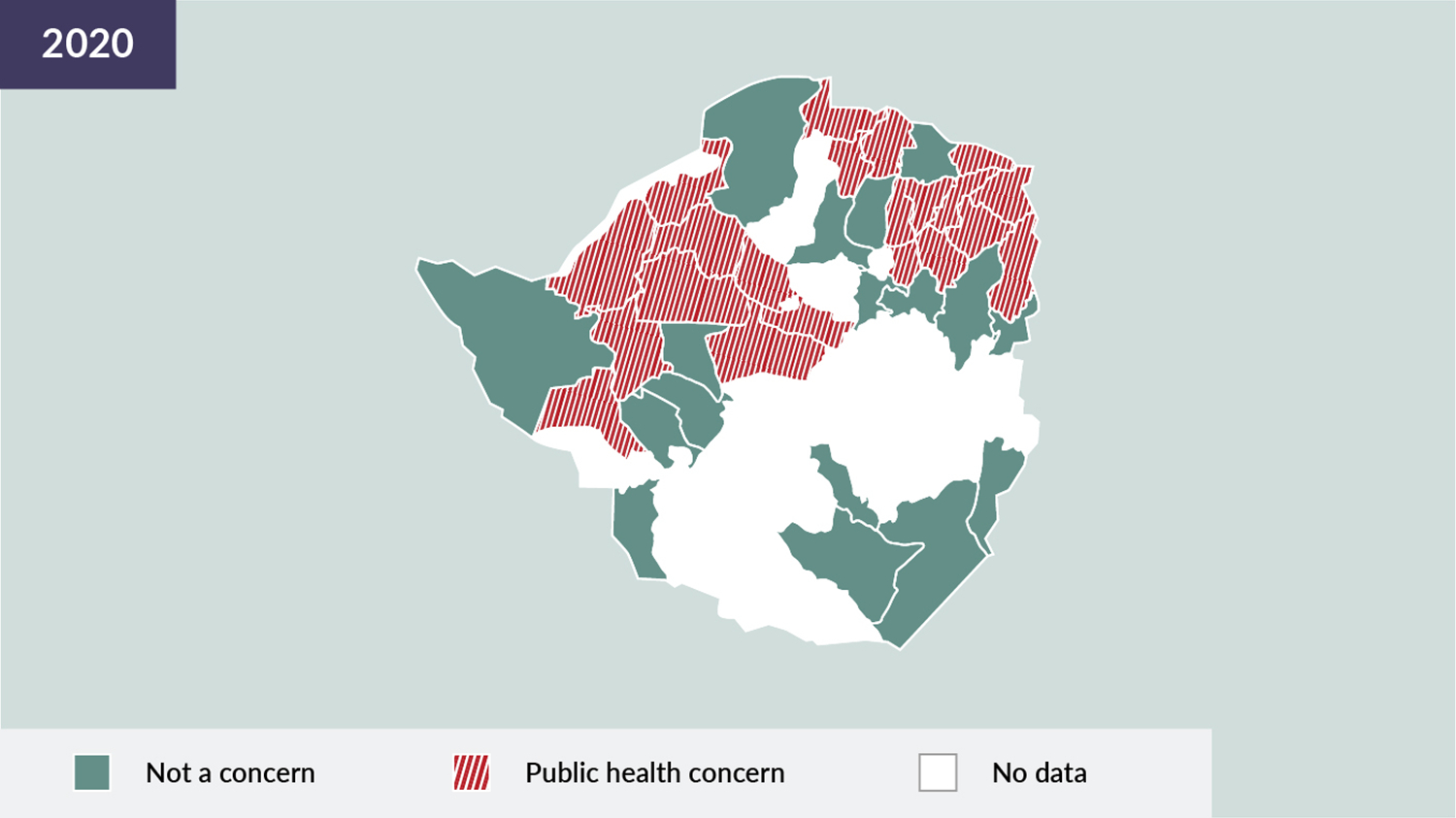 A map graphic of Zimbabwe representing trachoma prevalence for each district in 2020