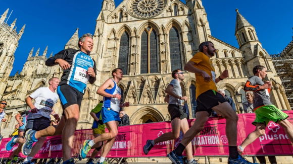 Runners run in the Yorkshire Marathon.