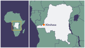 A map of Democratic Republic of Congo, with Kinshasa highlighted.