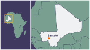 A map of Mali, with Bamako highlighted.