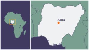 An illustrated map of Nigeria, showing the capital, Abuja.