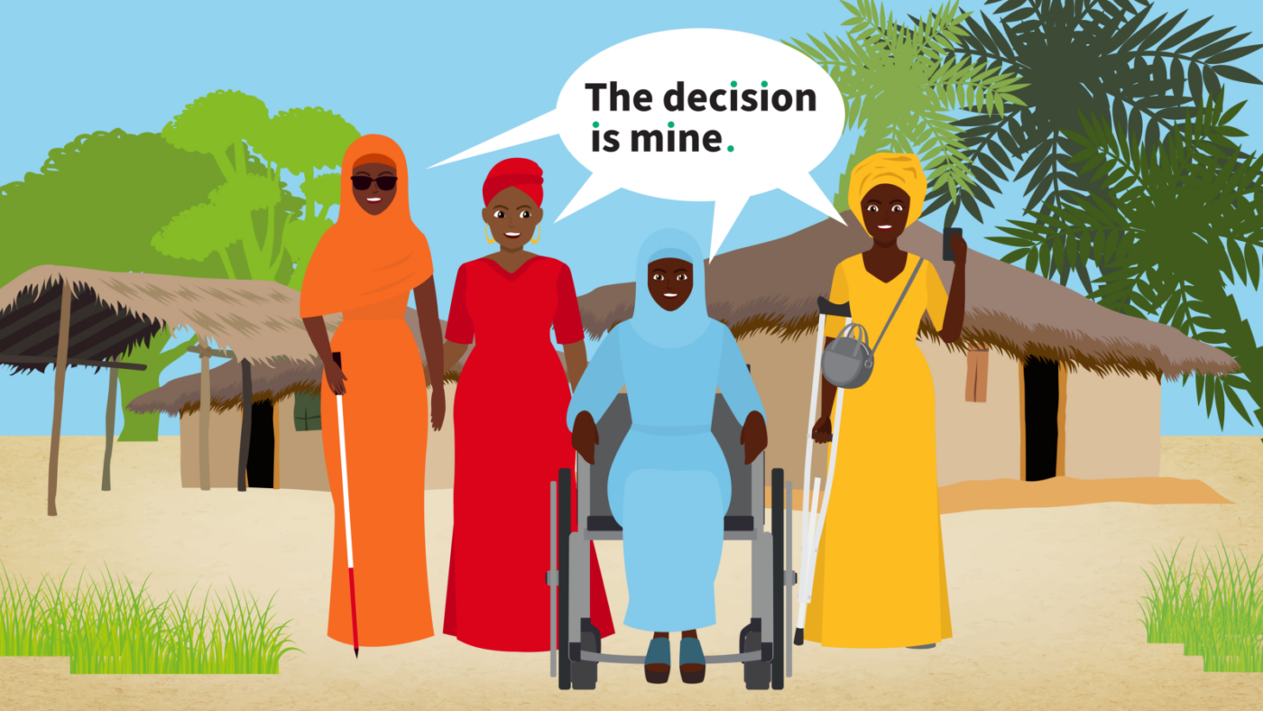 A colourful illustration showing four African women, one of whom is in a wheelchair. A speech bubble above them says 'The decision is mine'.