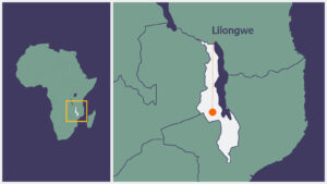 A map of Malawi, with Lilongwe highlighted.