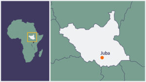A map of South Sudan, with the capital Juba highlighted.