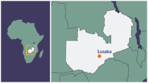 A map of Zambia, with the capital Lusaka highlighted.
