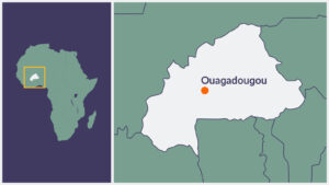 A map of Burkina Faso, with the capital Ouagadougou highlighted.