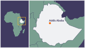A map of Ethiopia, with the capital Addis Ababa highlighted.