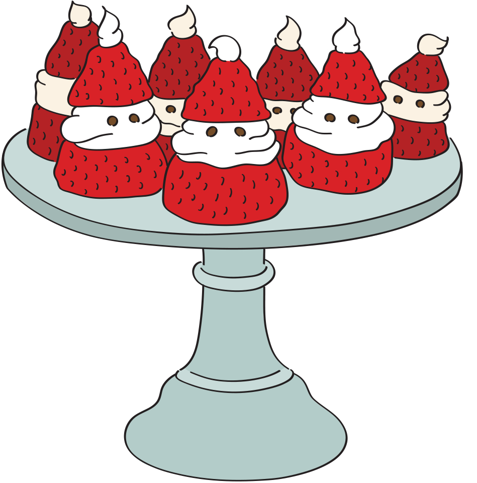 Illustration showing strawberries on a cake stand with icing and cream added to make them look like Santa.