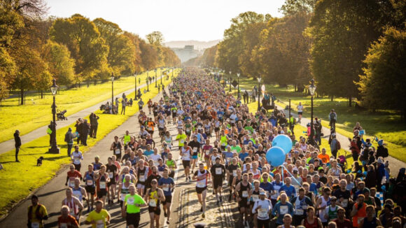 A group of runners participating in the Dublin marathon