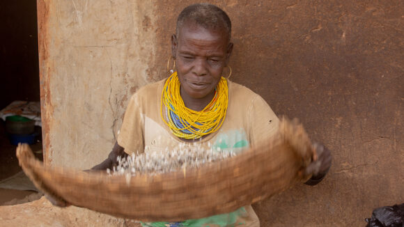 Veronica prepares grain by shaking a tray.