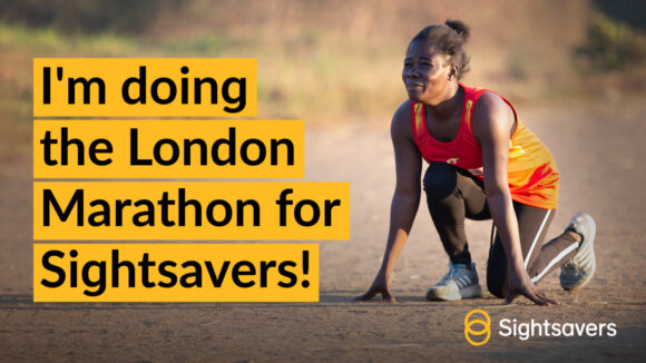 Social media tile with a photo of Paralympian Taonere Banda and the wording 'I'm doing the London Marathon for Sightsavers'.