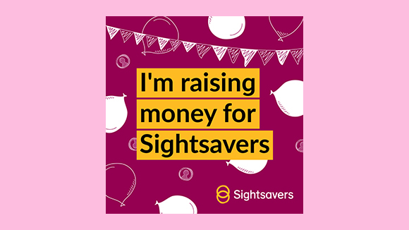 Purple social media tile with illustrations and the wording 'I'm raising money for Sightsavers'.