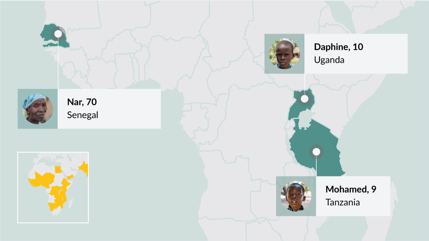 Image of map showing three case studies of people who have been treated for trachoma or trichiasis