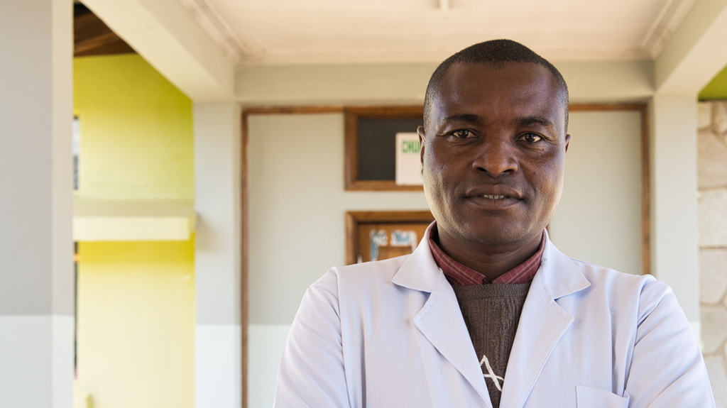 Dr Noel stands in his office wearing a white coat.