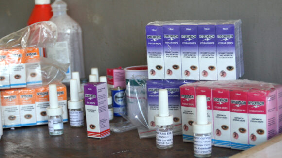 Packages of unopened eye drops.