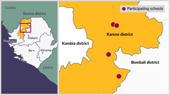 A map showing the location of Karene district in northwest Sierra Leone. It shows the location of four schools participating in the study.