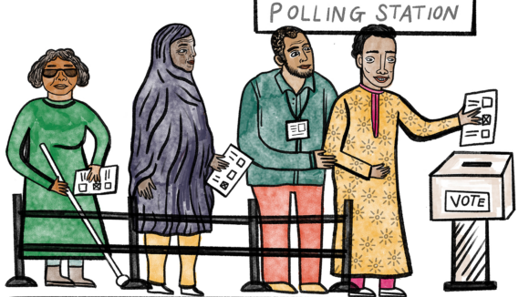 A coloured illustration of people queuing to post their election cards at the polling station. One person holds a guide cane.