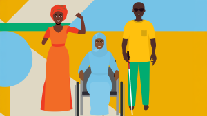 A cartoon image of three people with visible disabilities.